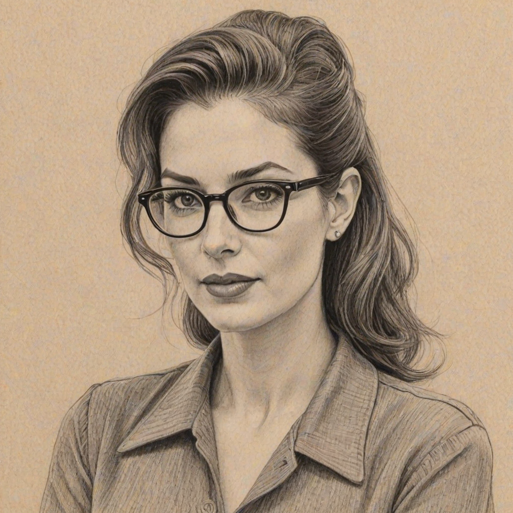 Enchanting Sandy Bullock, pencil sketch, portrait of Radiant woman 1949s in glasses, hair style beatnik, outline, clear lines, fine lines, 8k
