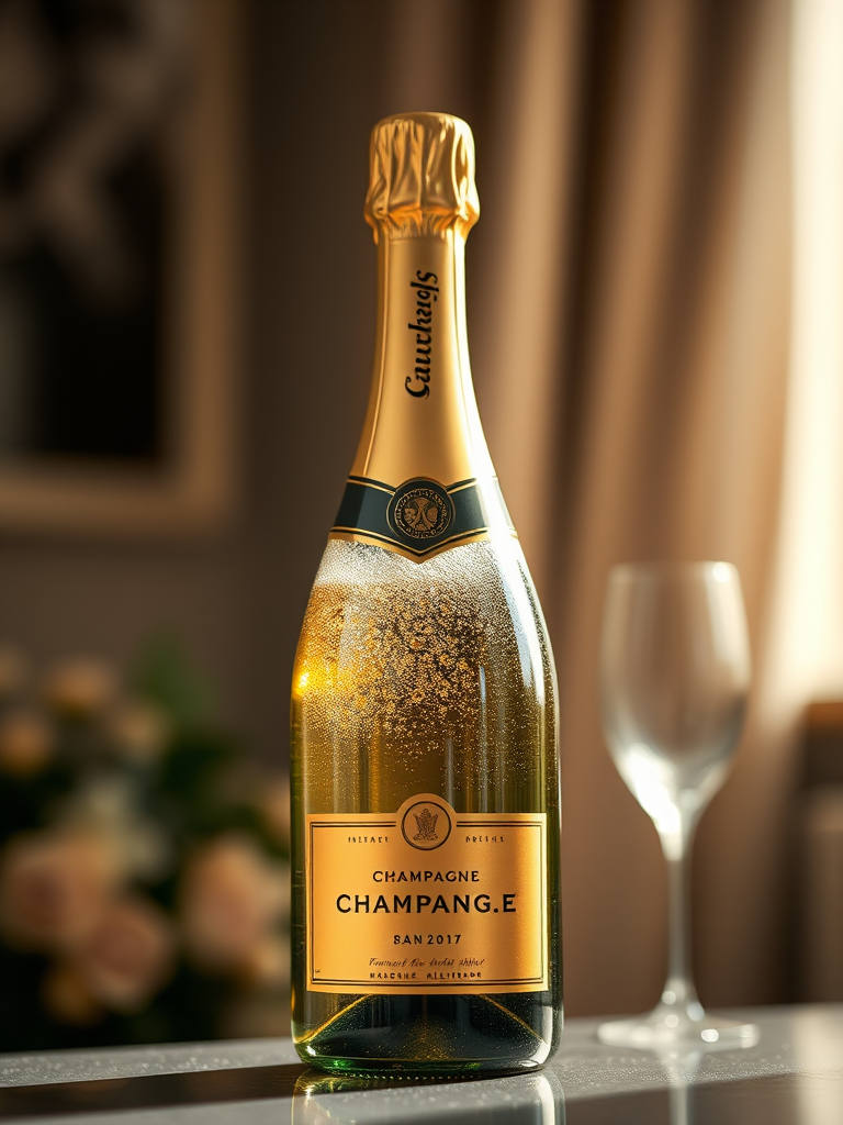 Generate a high-resolution image of a champagne bottle prominently displayed against a blurred, elegant background, using a 50mm lens, f/1.8 aperture for shallow depth of field, ISO 100, and soft natural lighting to enhance the bottle's golden label and bubbles.