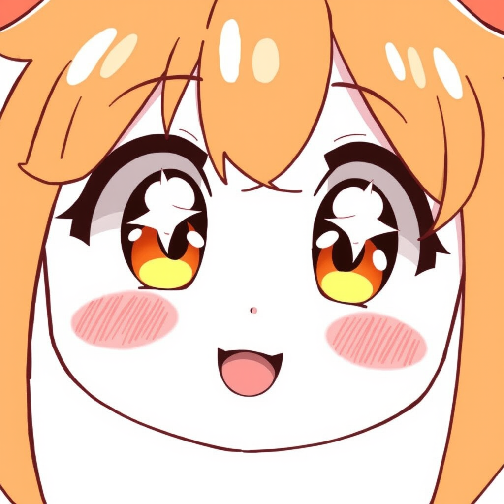 Create an illustration of a cute anime face with large, sparkling eyes featuring orange highlights. The face should have rosy cheeks and convey a joyful, lively expression. The style should be bright and cheerful, capturing the essence of kawaii art.