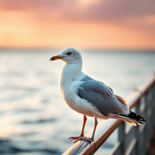 A close-up shot of a seagull perched on a railing by the ocean during golden hour, using a DSLR camera with a 50mm lens, aperture f/2.8, ISO 200, shutter speed 1/500s, focusing on the bird with a blurred background for depth.