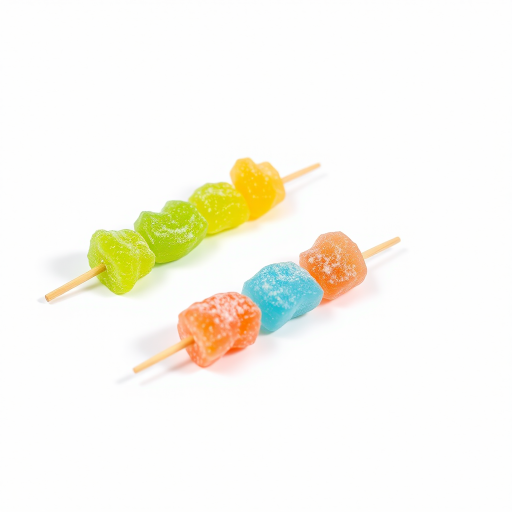 Four colorful rock candy skewers in green, yellow, blue, and pink arranged diagonally on a white background, taken with a Canon EOS R5, 50mm lens, f/2.8 aperture, 1/200 sec shutter speed, ISO 100, natural light, and shallow depth of field for enhanced clarity and detail.