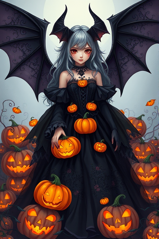 Create a highly detailed illustration of a gothic-themed character with bat wings and a dark dress adorned with pumpkins, surrounded by glowing jack-o'-lanterns, shot with a DSLR camera at 50mm, f/1.8 aperture, ISO 100, in soft natural lighting, emphasizing vibrant colors and intricate details.