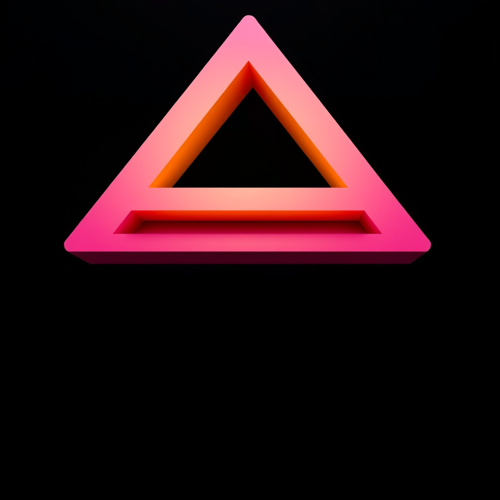 Create a high-resolution 3D triangular shape with a gradient color scheme transitioning from pink to yellow, set against a smooth black background, shot with a Canon EOS R5 at f/2.8, ISO 100, 24mm lens in portrait mode for a professional finish.