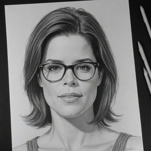 Wonderful Neve Campbell, pencil sketch, portrait of Delightful woman 1967s in glasses, hair style beatnik, outline, clear lines, fine lines, 8k