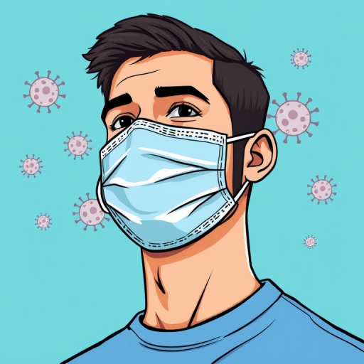 Create an illustration of a man wearing a light blue surgical mask with a plain background in turquoise, add floating virus icons around him, using a digital drawing style, with a resolution of 300 DPI, a view at eye level, and a focus of f/4 to enhance sharpness.