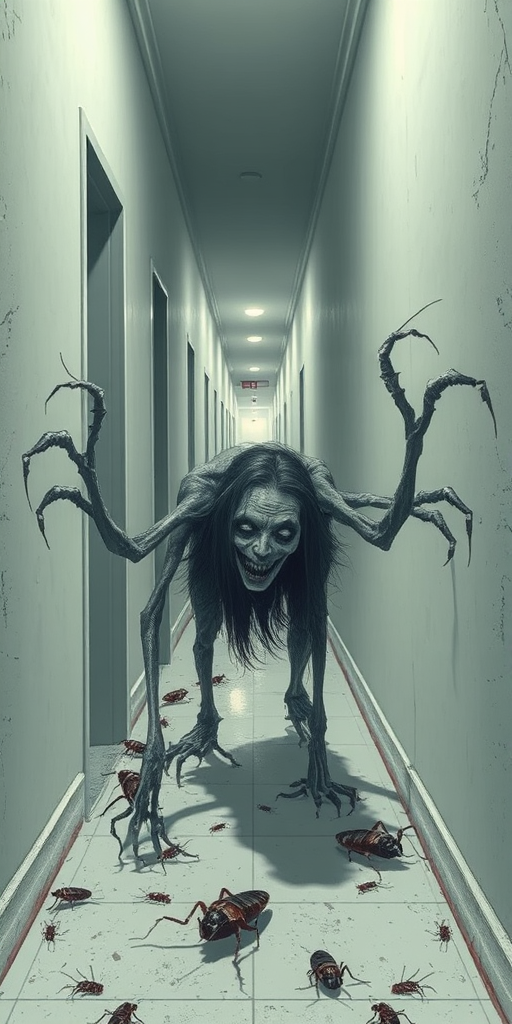 a crooked female with long arms and a creepy smile is crawling along a long white corridor and you can also see cockroaches in it there is a creepy atmosphere creepy art style