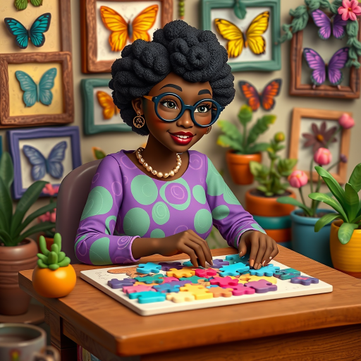 A vibrant and whimsical illustration of an african american woman sitting at a table working on a colorful jigsaw puzzle. she is wearing round glasses, and patterned clothing in shades of purple and green.  The background features an eclectic collection of framed butterflies, potted plants, and other natural elements, creating a warm and inviting atmosphere. The style is playful and modern, with rich textures, intricate details, and a lively color palette.