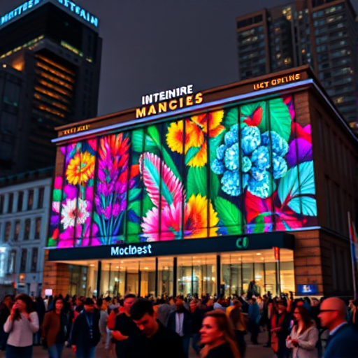 Create an image of a vibrant urban night scene with a building illuminated by colorful projections of nature-themed graphics, capturing a bustling crowd in the foreground while maintaining a sharp focus on the building; use a Canon EOS R5 camera, 24mm lens, aperture f/2.8, ISO 800, shutter speed 1/30 sec, and a slight tilt-shift perspective to enhance depth and detail.