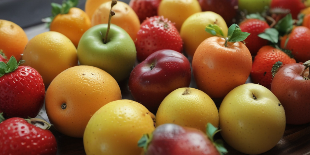 A Colorful Assortment of Fresh Fruits Displayed on a Wooden Surface