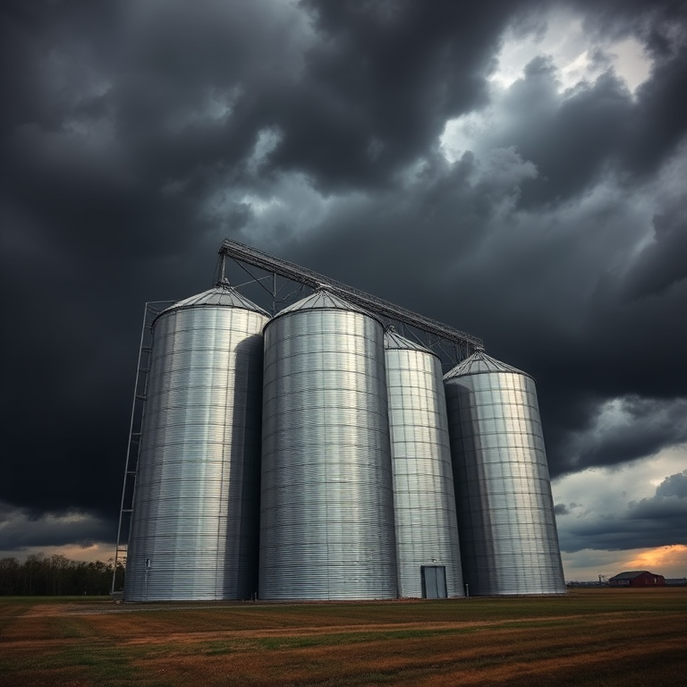 capture a dramatic view of large silver silos against a stormy sky, emphasize the contrast between the silos and dark clouds, use a wide-angle lens f/8, ISO 100, shutter speed 1/250s, shot from ground level to include foreground details with a DSLR camera