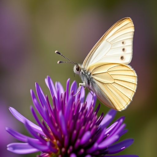 Close-up of a pale butterfly perched on a vibrant purple flower with shallow depth of field, Canon EOS R5, 85mm f/1.4 lens, ISO 200, aperture f/2.8, shutter speed 1/500s, natural lighting, macro photography style.
