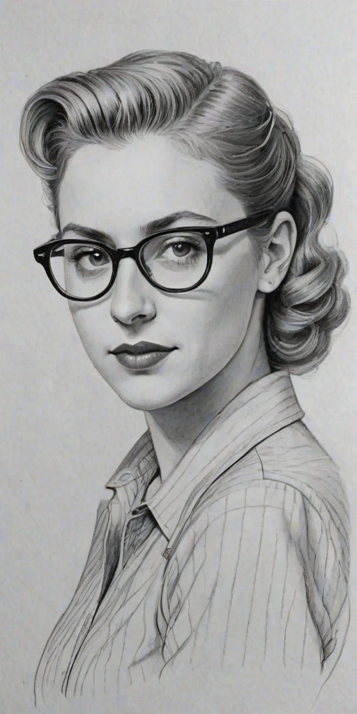 Fetching Greta Garwig, pencil sketch, portrait of Delightful woman 1939s in glasses, hair style beatnik, outline, clear lines, fine lines, 8k