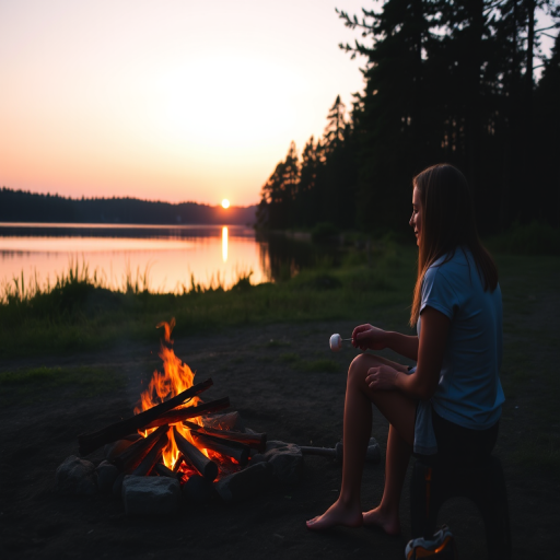 Quiet lakeside campsite at dusk, a woman sits by a crackling campfire, roasting marshmallows, as the sun sets behind the treeline, turning the sky a soft pink.