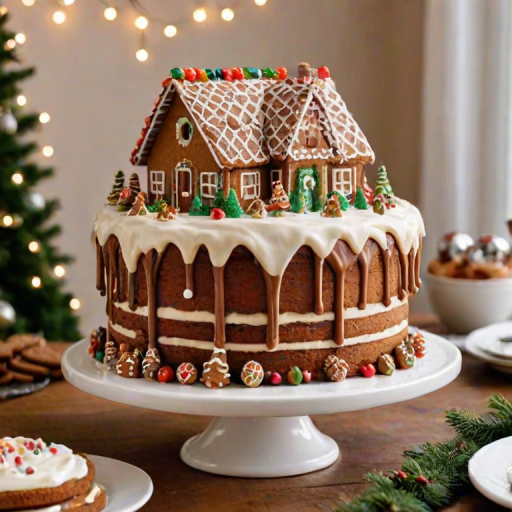 Create an image of a festive gingerbread cake with multiple layers, featuring creamy frosting between the layers. The cake should be decorated with a glossy chocolate drizzle, miniature gingerbread cookies, and small evergreen decorations. The background should include soft, twinkling lights and a cozy holiday atmosphere, with white decorative houses and a few other baked goods displayed nearby.
