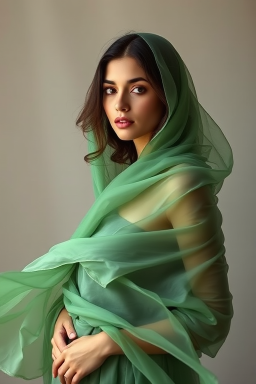 Create an ethereal portrait of a woman in flowing green fabric, set against a soft, muted background, captured with a Canon EOS R5 at f/1.2, 85mm lens, natural soft lighting, and a shallow depth of field to enhance the subject's features and the texture of the fabric.