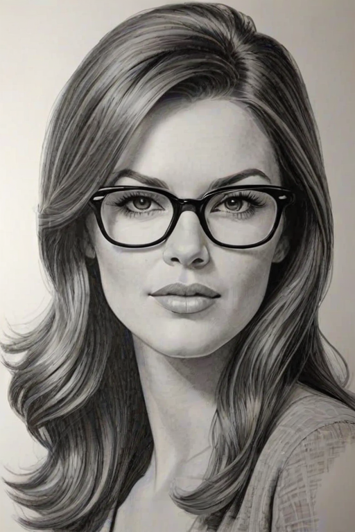 Exquisite Danneel Ackles, pencil sketch, portrait of Dazzling woman 1960s in glasses, hair style beatnik, outline, clear lines, fine lines, 8k