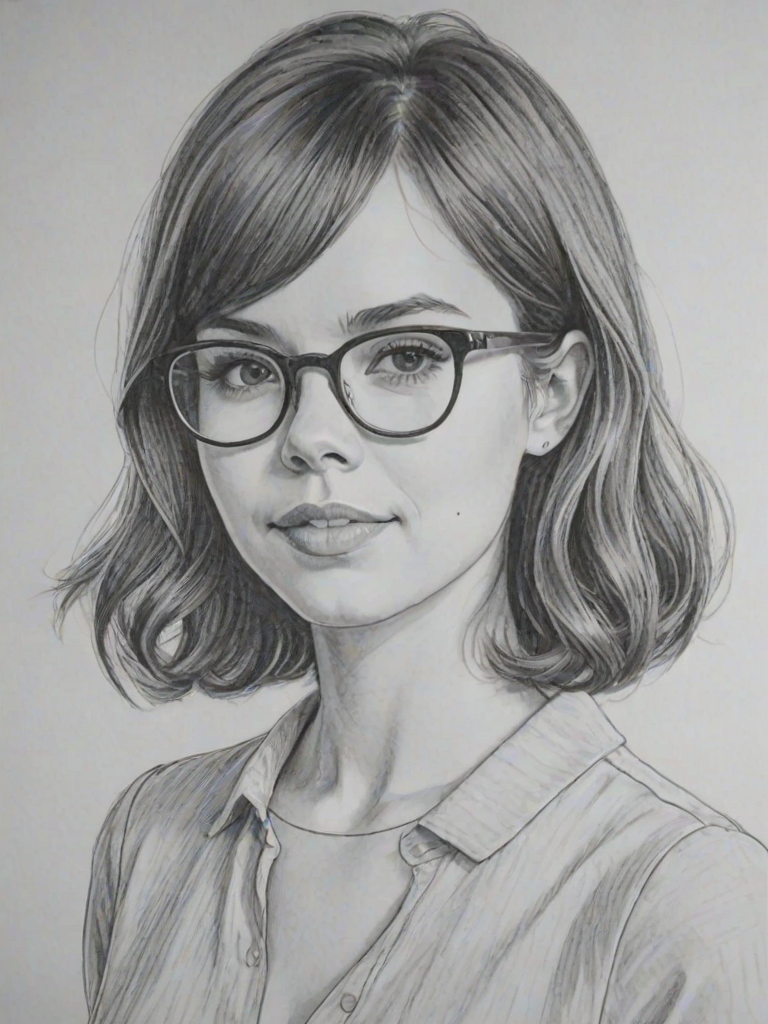 Sublime Ingrid Nilsen, pencil sketch, portrait of Lovely woman 1965s in glasses, hair style beatnik, outline, clear lines, fine lines, 8k