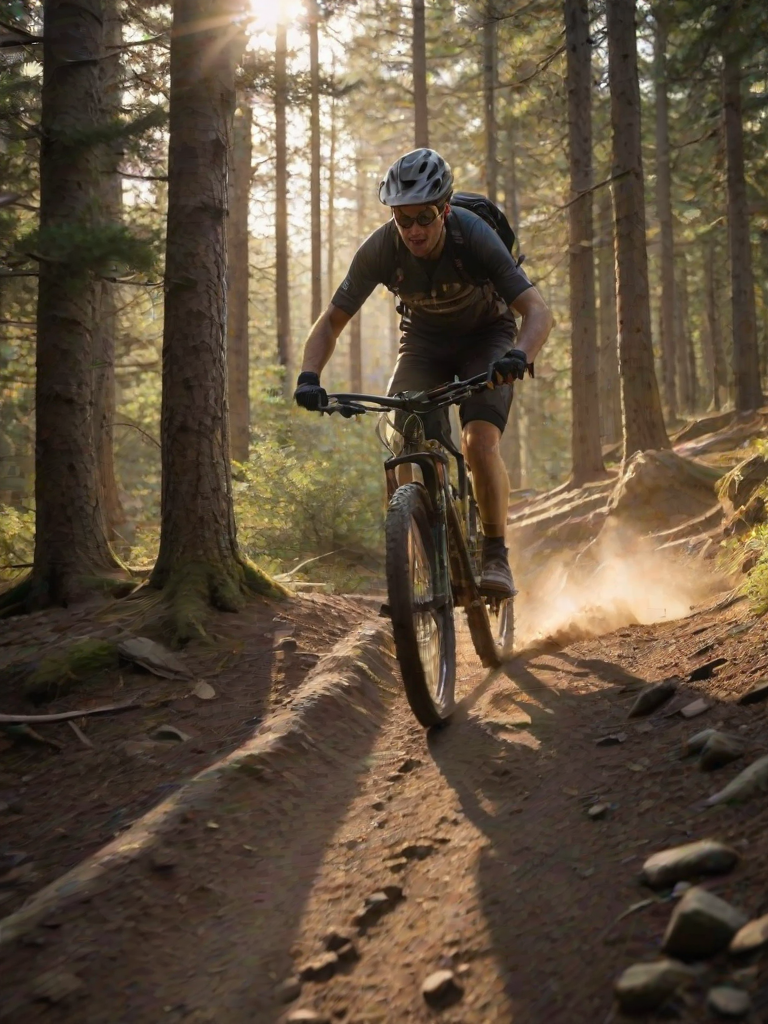 Blurry action shot of a mountain biker speeding down a rocky trail at dawn, soft golden light from the rising sun casting long shadows on the ground, with trees softly swaying in the wind.