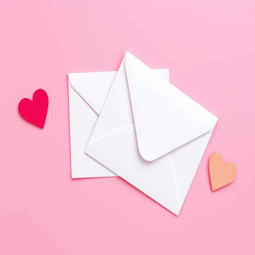 Create an image of two overlapping envelopes on a pink background with decorative hearts in each corner, using a Canon EOS R5 camera at f/4, ISO 100, 50mm lens, top-down view, and vibrant color style to enhance image quality.
