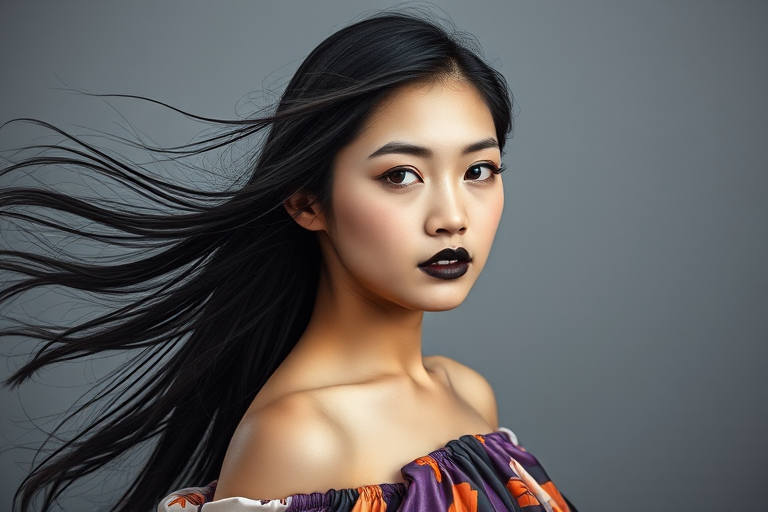 Photographic image of a beautiful young Ainu woman, brown eyes, lips with black lipstick, long hair fluttering in the wind and wearing a silk strapless dress with a soft purple and orange print. monochrome image with only color highlights in the iris of the eyes, lipstick and dress. Gray background.