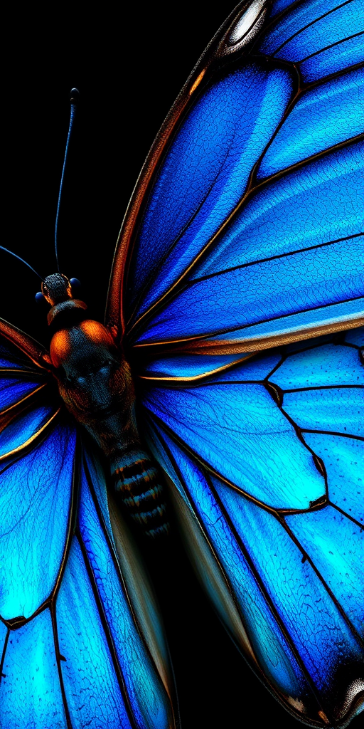 Create a detailed and vibrant image of a butterfly with bright blue wings and brown edges, showcasing intricate patterns and textures. The background should be dark to highlight the butterfly's colors and features, emphasizing its beauty and elegance.