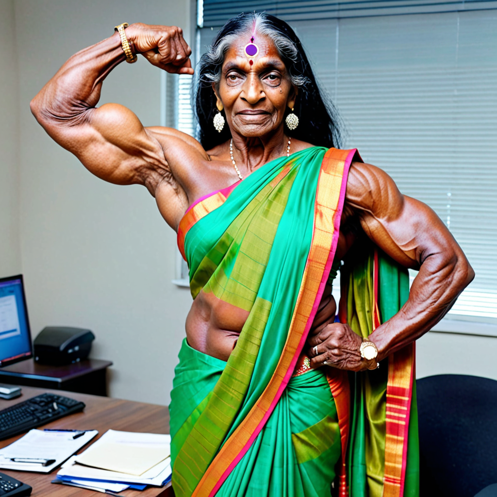 lean very big ripped veiny muscular mean face elderly black indian bodybuilder woman flexing oversized enormous biceps flexing abs in a colorful saree in the office