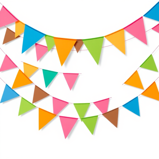 Generate a digital illustration of colorful triangular flags strung in three rows, featuring vibrant colors like blue, orange, green, pink, and brown, with a clean white background, using a DSLR camera with a 50mm lens, aperture set at f/2.8 for a shallow depth of field, lighting adjusted for bright daylight, capturing a well-composed top-down view.
