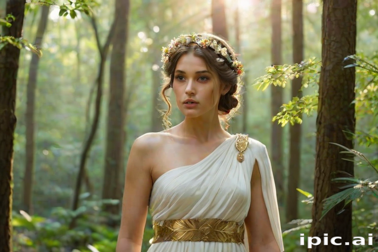 Create a portrait of a goddess-like female figure in a tranquil, forested environment. She has an elegant appearance with long, wavy hair styled in an updo and adorned with a delicate, floral headband. She wears a flowing, ancient Greek-inspired gown in a soft, pale color, featuring a one-shoulder design and draped fabric that accentuates her graceful form. The outfit includes a decorative belt with ornate gold detailing, and she holds a bow in her hand, with a quiver of arrows slung over her shoulder. The background depicts lush greenery, with sunlight filtering through the trees, casting a gentle, ethereal light on the scene. Her expression is calm and contemplative, embodying a sense of wisdom and serenity.
