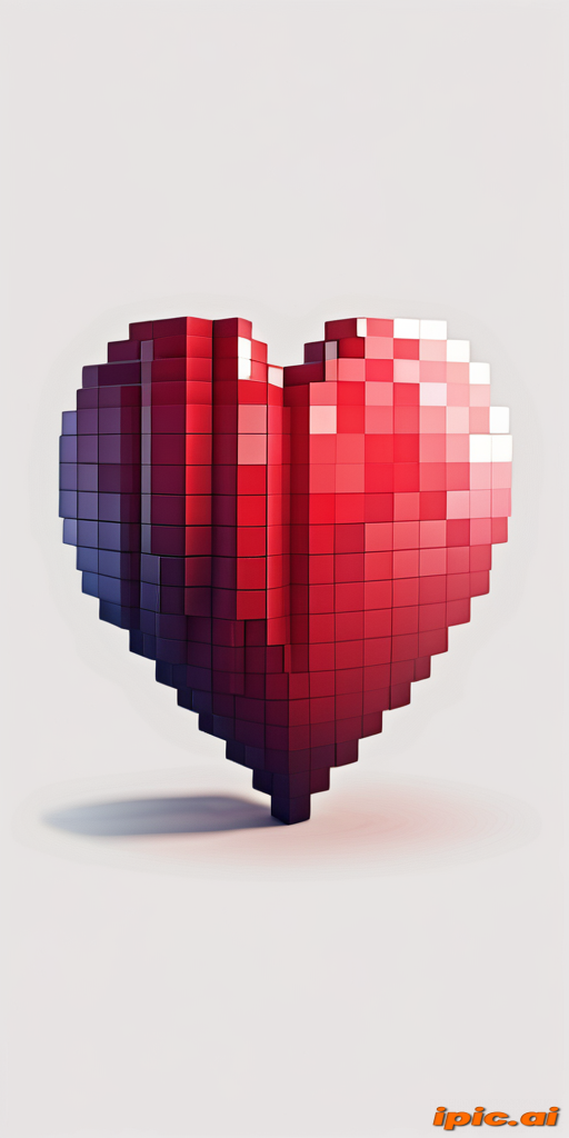 Three-Dimensional Pixel Heart Symbolizing Love and Digital Art Aesthetics
