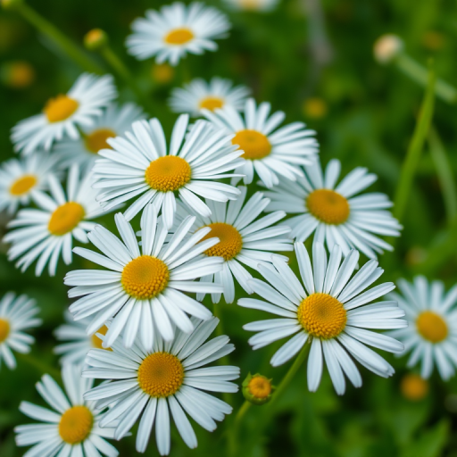 close-up of white daisies with yellow centers in a lush green background, 50mm f/1.8 lens, ISO 200, 1/250s, natural light, macro photography, DSLR camera