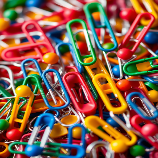 Create an image of various paper clips and push pins, using a macro photography style with a focus on vibrant colors and sharp edges, set with a Canon EOS 5D Mark IV, aperture f/2.8, shutter speed 1/100s, ISO 100, natural lighting.