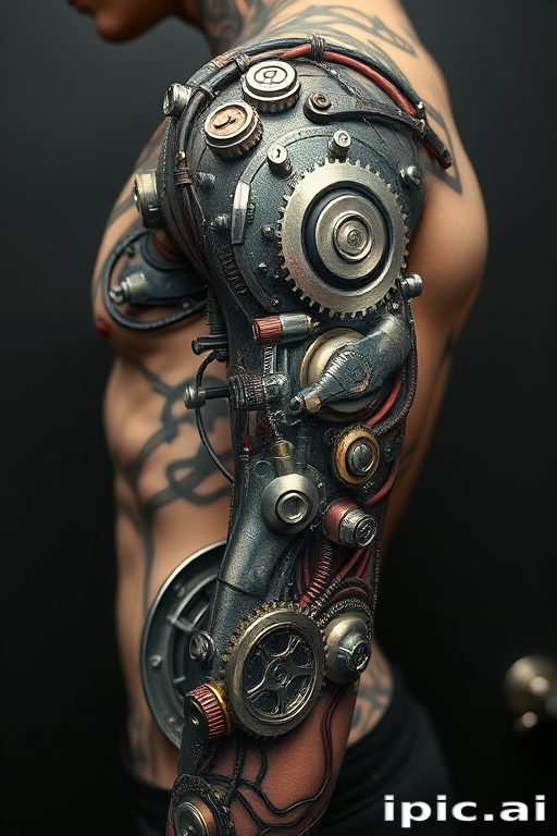 Realistic 3D biomechanical tattoo titled "Cybernetic Evolution" depicting metallic gears, wires, and circuitry seamlessly merging with human anatomy creating an illusion of exposed inner workings