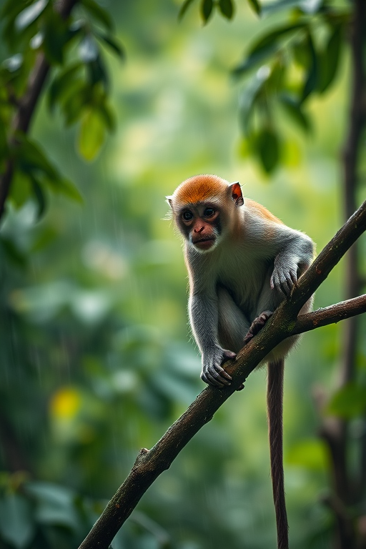 Capture a close-up of a monkey sitting on a tree branch in a dense forest during light rain, using a DSLR camera, 85mm lens, aperture f/2.8, ISO 400, shutter speed 1/200 sec, with a shallow depth of field to highlight the subject against a blurred green background.