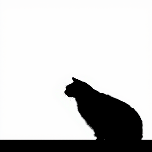 Create a high-resolution image of a silhouette of a cat with fine details, shot with a Canon EOS R5 at f/1.8, ISO 100, 50mm lens, in well-lit conditions, focused against a stark white background to emphasize the contrast and shape.