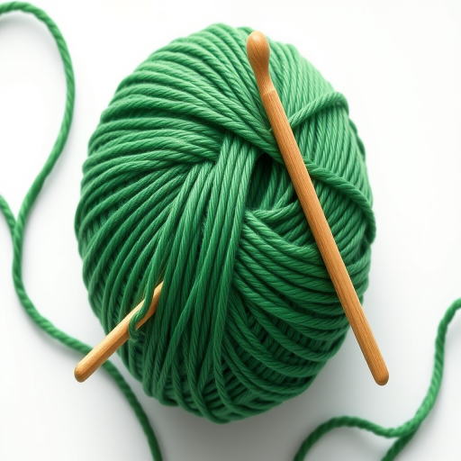 Create a high-resolution illustration of a ball of green yarn with knitting needles, shot with a DSLR camera at f/2.8, 50mm lens, ISO 100, with soft diffused lighting, overhead view to enhance details and textures.