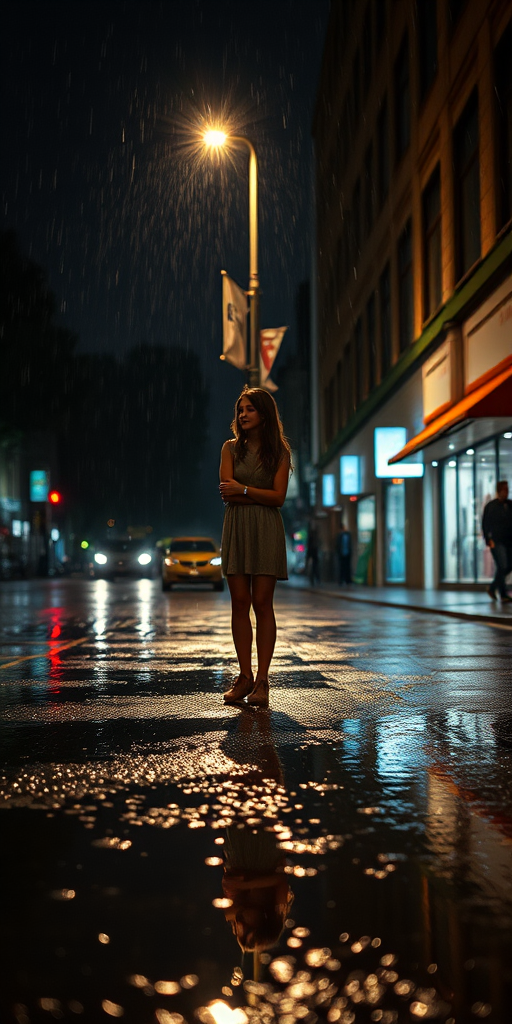 Rainy urban street at night, a woman stands under a streetlight, her reflection visible in the puddle at her feet as raindrops ripple across the surface.