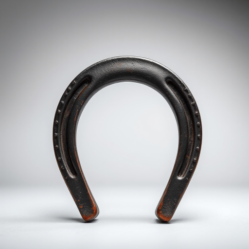 Generate a high-quality image of a horseshoe in a studio setting, using a DSLR camera with a 50mm lens, aperture set to f/2.8, ISO 100, and soft lighting to highlight the texture of the metal.