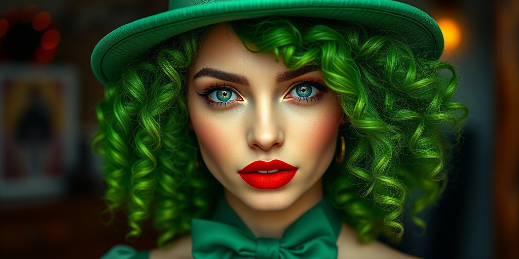 Create a high-resolution portrait of a woman with vibrant green curly hair wearing a green hat and a bow tie, focus on her striking red lips and captivating eyes, use a shallow depth of field, shot with a Canon EOS R5 at f/1.8, ISO 100, 85mm lens, in soft natural light with a blurred background for emphasis.