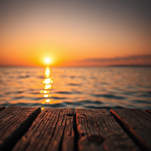 sunset over a calm ocean with reflections on water, focus on foreground with wooden texture, golden hour, shot with a DSLR camera at f/11 aperture, 1/125 shutter speed, ISO 100, wide-angle view, warm color palette