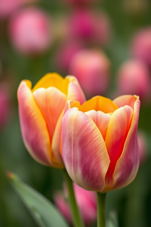 close-up of two vibrant pink and yellow tulips with a blurred green and pink background, f/2.8 aperture, 100mm macro lens, soft focus style, DSLR camera, natural light