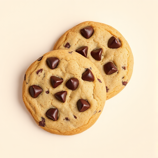 Create a high-resolution pixel art image of two chocolate chip cookies on a light background, using a digital camera with an aperture of f/2.8, shutter speed of 1/60s, ISO 100, top-down view, using a DSLR camera style for maximum clarity and detail.