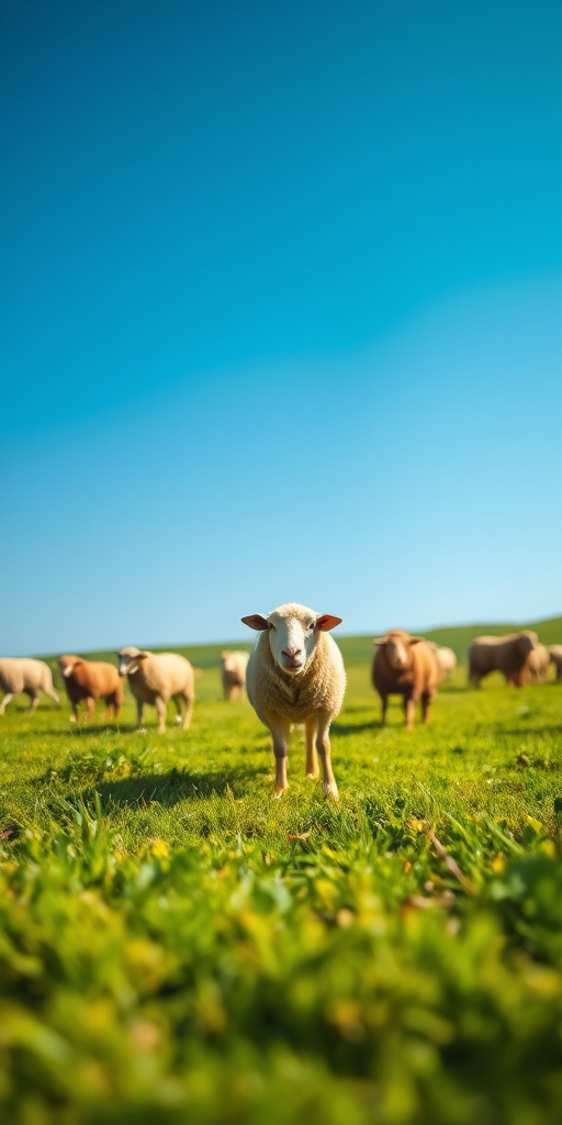 sheep grazing in a lush green field under a clear blue sky, focus on a single sheep in the foreground, shallow depth of field, aperture f/2.8, shutter speed 1/2000s, ISO 100, taken with a DSLR camera, 50mm lens, natural lighting, vivid colors and high detail