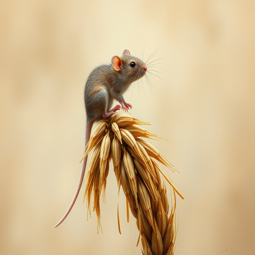 Soft, muted Alcohol Ink with ebru effect background image of tiny whimsical rat, who climbed high on the top of a golden rye ear.