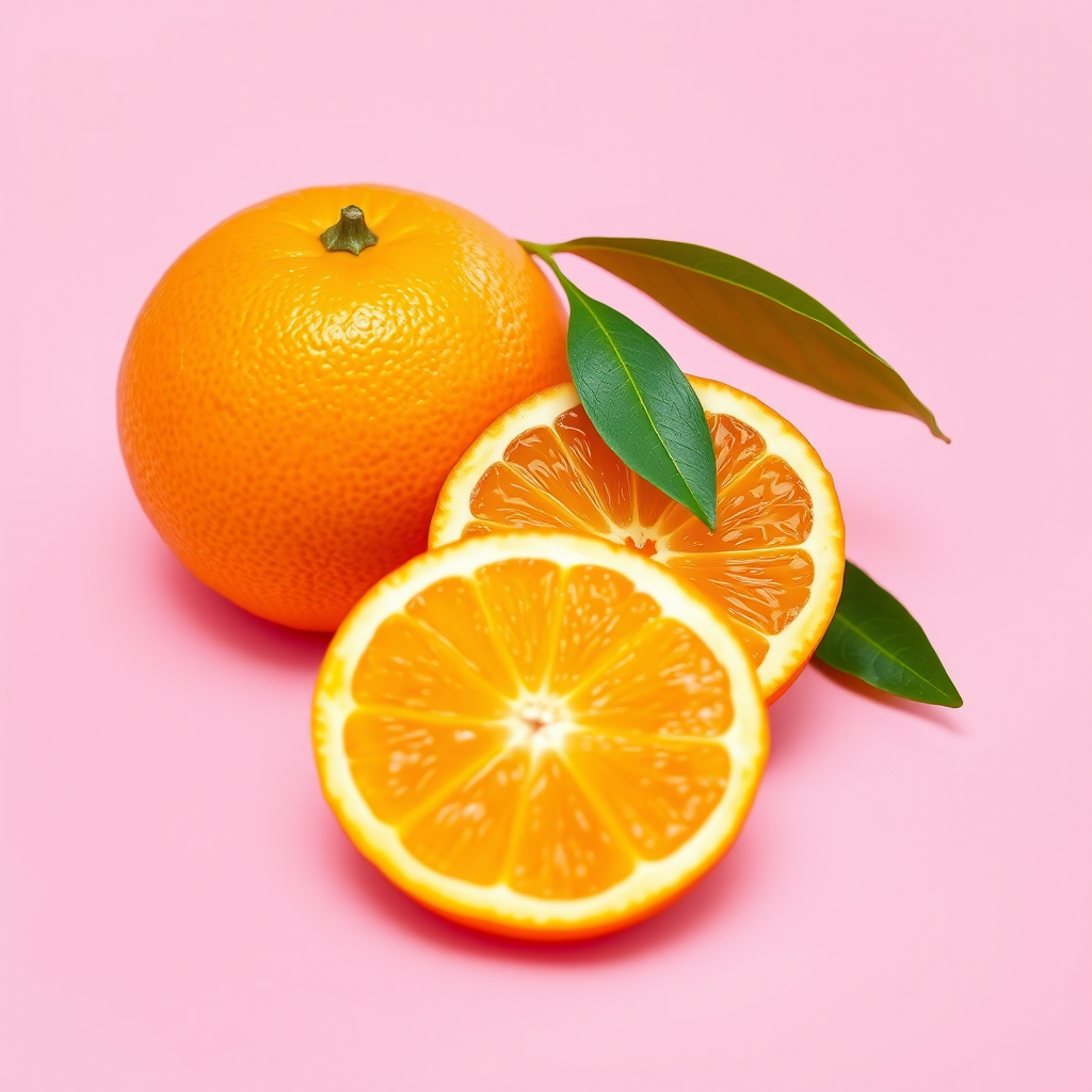 Create a vibrant illustration of two oranges and a slice resting on a pastel pink background, using a Canon EOS R5 with a 50mm f/1.2 lens at f/2.8, with soft natural lighting and a slight bokeh effect to enhance the foreground details.