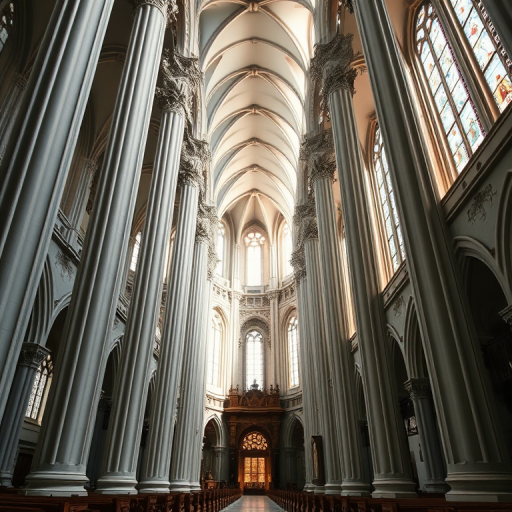 interior view of a grand cathedral with tall white columns and intricate architecture, soft natural light streaming through stained glass windows, captured with a DSLR camera at f/8 aperture, ISO 200, 24mm focal length, using a wide-angle lens for enhanced perspective