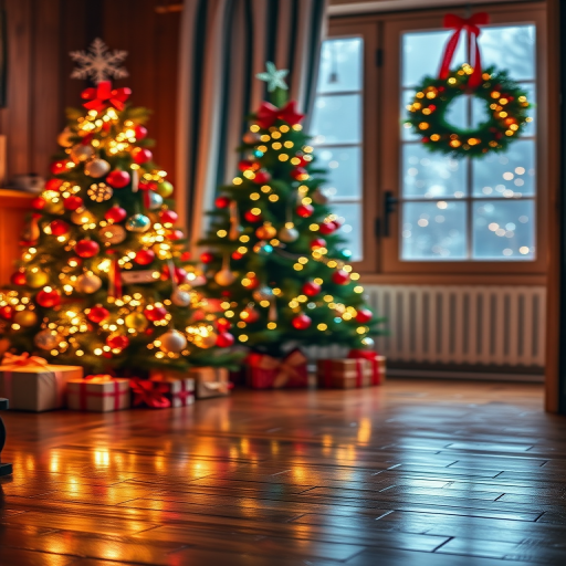 Create a cozy Christmas scene featuring a wooden floor with reflections a beautifully decorated room with two Christmas trees adorned with colorful ornaments and a festive wreath hanging on a window with soft bokeh lights in the background