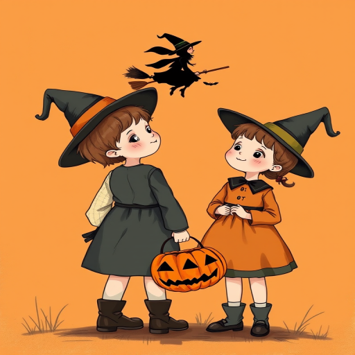 Create an illustration of two children in vintage Halloween attire, one holding a carved pumpkin bucket, watching a witch on a broomstick flying against an orange background, using a DSLR camera with a 50mm lens, aperture f/2.8, ISO 200, in a soft focus style.