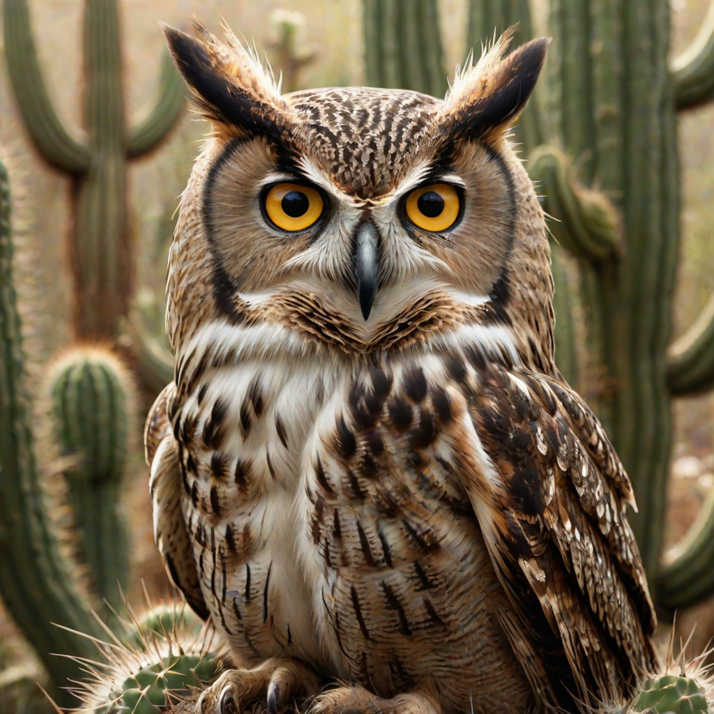 Generate an image of a majestic owl perched on a cactus. The owl should have striking yellow eyes and intricate feather patterns, showcasing a mix of browns and whites. The background should be softly blurred to emphasize the owl, capturing a bright and natural setting.
