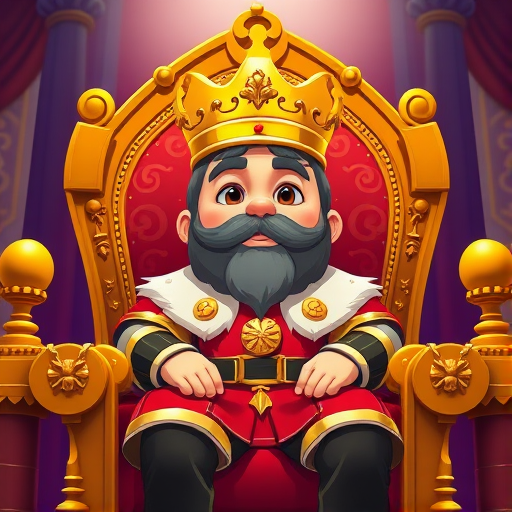 Create a vibrant digital illustration of a cartoon king sitting confidently on a throne, adorned with a golden crown and luxurious clothing, using a Canon EOS R5 with a 50mm lens, aperture f/1.8, ISO 100, 1/200s, shot from a low-angle perspective to enhance grandeur and detail.