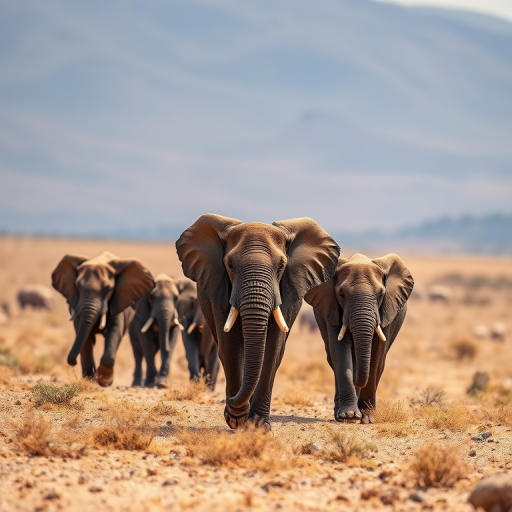 Capture a group of elephants walking through a vast dry landscape during midday with a shallow depth of field, using a Canon EOS 5D Mark IV, 70-200mm lens, at f/4, ISO 200, 1/500 sec, shot from eye level to enhance the image quality.